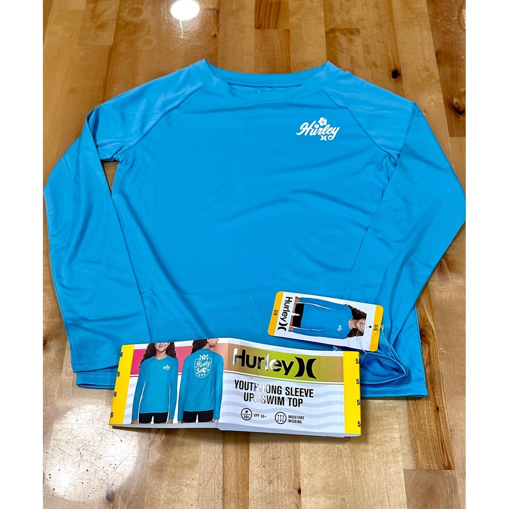 Hurley Swim Top Youth 5/6 Turquoise New UPF 50+ Long‎ Sleeve Rash Guard